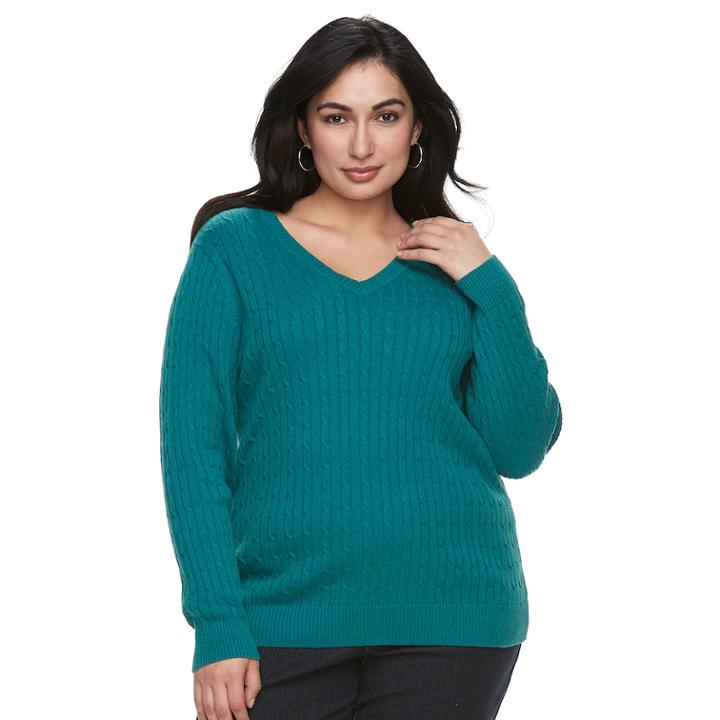 Plus Size Croft & Barrow&reg; Essential Cable Knit V-neck Sweater, Women's, Size: 1xl, Turquoise/blue (turq/aqua)