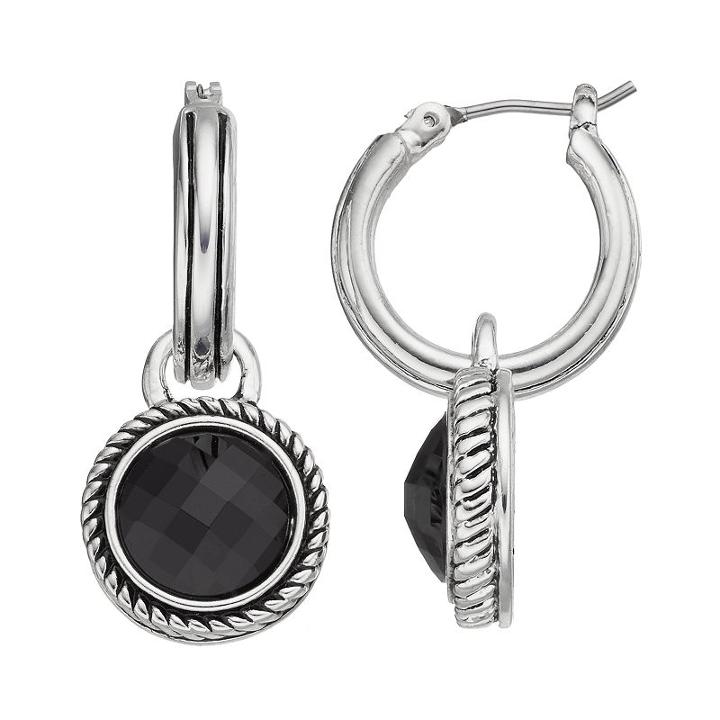 Napier Textured Black Stone Hoop Earrings, Women's
