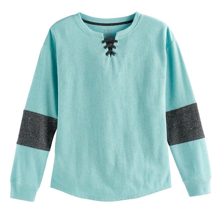 Plus Size Girls 7-16 So&reg; French Terry Glitter Lace-up Pullover, Size: 14 1/2, Blue