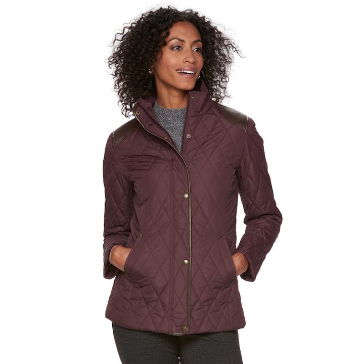 Women's Chaps Faux-leather Trim Quilted Jacket, Size: Small, Dark Grey