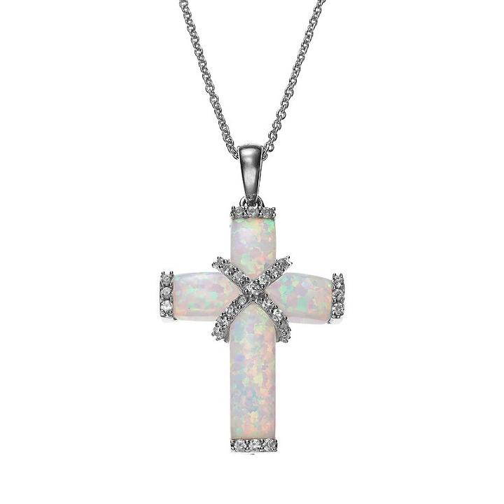 Sterling Silver Lab-created Opal And Lab-created White Sapphire Cross Pendant, Women's