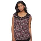 Juniors' Plus Size Candie's&reg; Print Lace Inset Top, Teens, Size: 3xl, Red