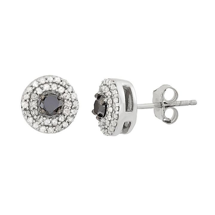 1/2 Carat T.w. Black & White Diamond Sterling Silver Double Halo Button Stud Earrings, Women's