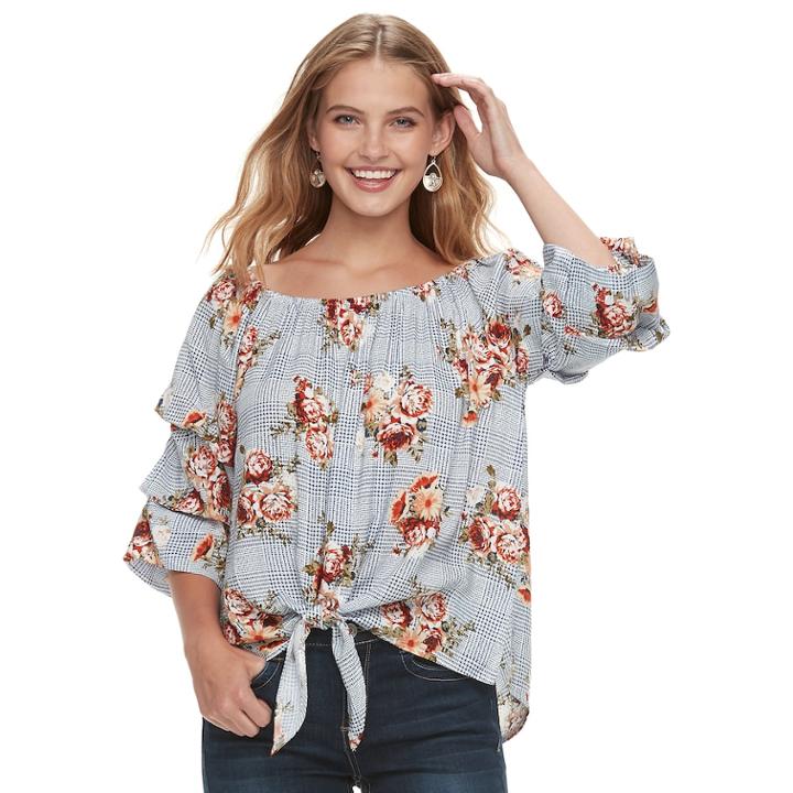 Juniors' Crave Fame Floral Off-the-shoulder Peasant Top, Teens, Size: Small, Light Blue