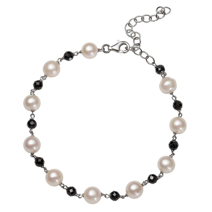 Sterling Silver Freshwater Cultured Pearl & Black Spinel Bead Station Bracelet, Women's, Size: 7.5