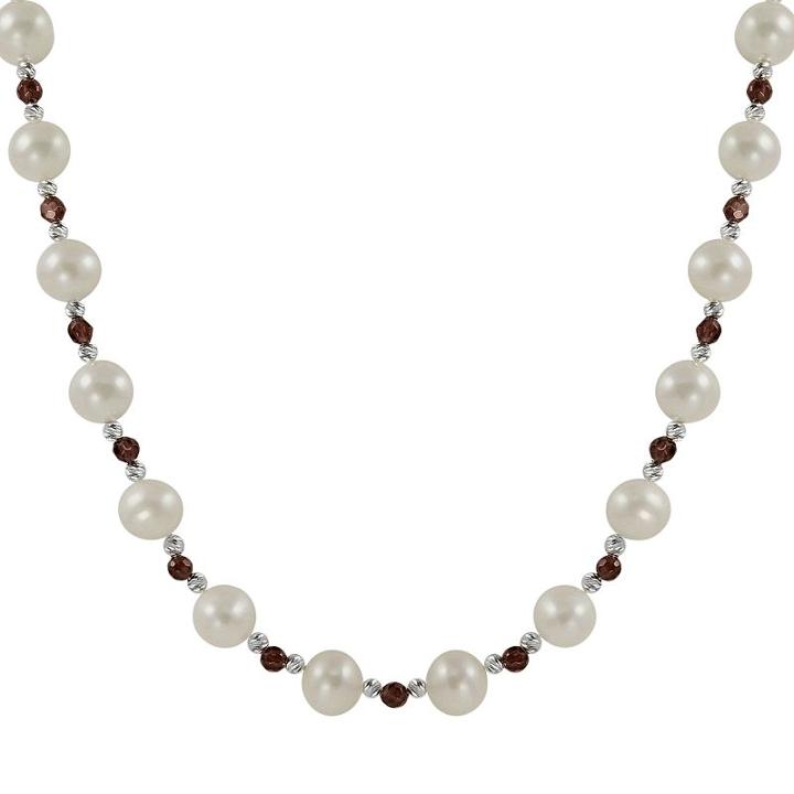 Sterling Silver Freshwater Cultured Pearl And Garnet Bead Necklace, Women's, Red