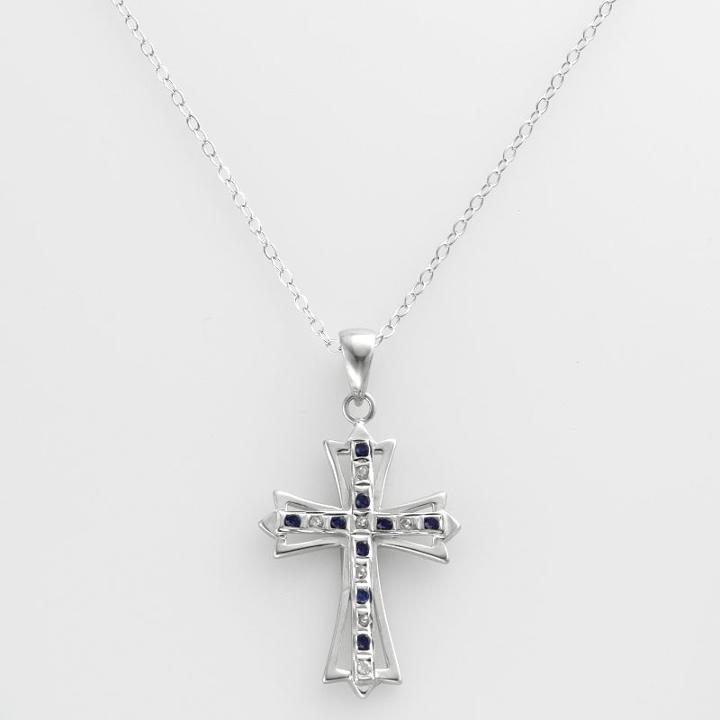 Platinum Over Silver Sapphire And Diamond Accent Cross Pendant, Women's, Blue