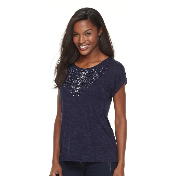 Petite Apt. 9&reg; Embellished Short Sleeve Tee, Women's, Size: L Petite, Dark Blue