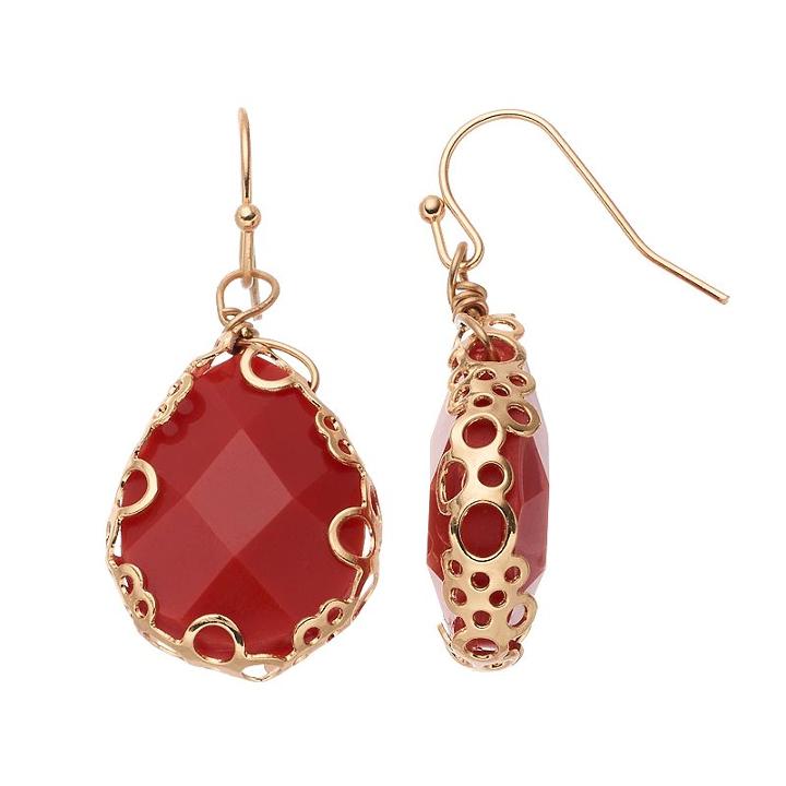Red Perforated Frame Teardrop Earrings, Women's