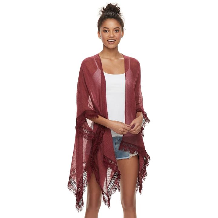Women's Mudd&reg; Solid Gauze Lace-trimmed Ruana, Dark Red
