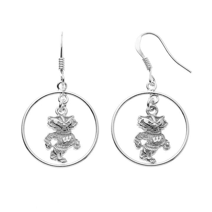 Dayna U Wisconsin Badgers Sterling Silver Logo Charm Hoop Drop Earrings, Women's, Grey