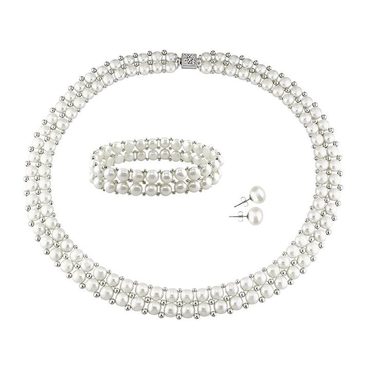 Sterling Silver Freshwater Cultured Pearl Necklace, Stretch Bracelet And Stud Earring Set, Women's, White