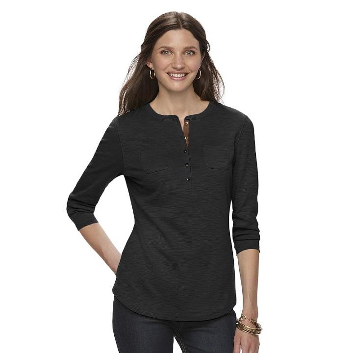 Women's Chaps Slubbed Henley, Size: Xs, Black