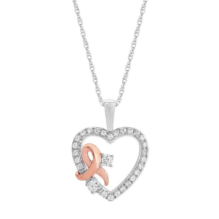 Two Tone Sterling Silver 1/4 Carat T.w. Diamond Heart & Ribbon Pendant Necklace, Women's, Size: 18, White