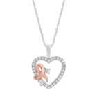 Two Tone Sterling Silver 1/4 Carat T.w. Diamond Heart & Ribbon Pendant Necklace, Women's, Size: 18, White