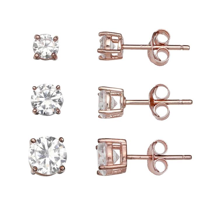 Primrose 14k Rose Gold Over Silver 3-pair Cubic Zirconia Stud Earring Set, Women's, White