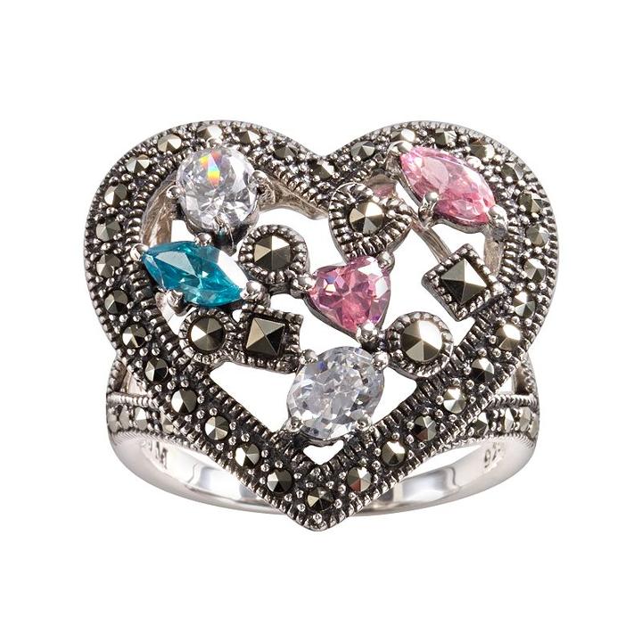 Lavish By Tjm Sterling Silver Cubic Zirconia, Simulated Quartz & Marcasite Heart Ring, Women's, Size: 8, Grey