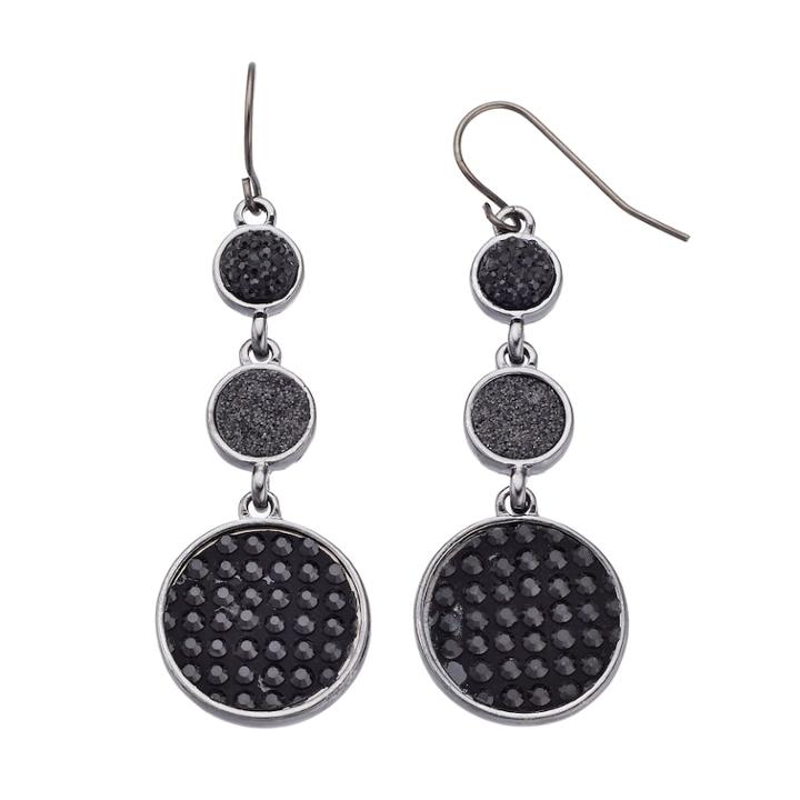 Black Glittery Disc Nickel Free Triple Drop Earrings, Women's