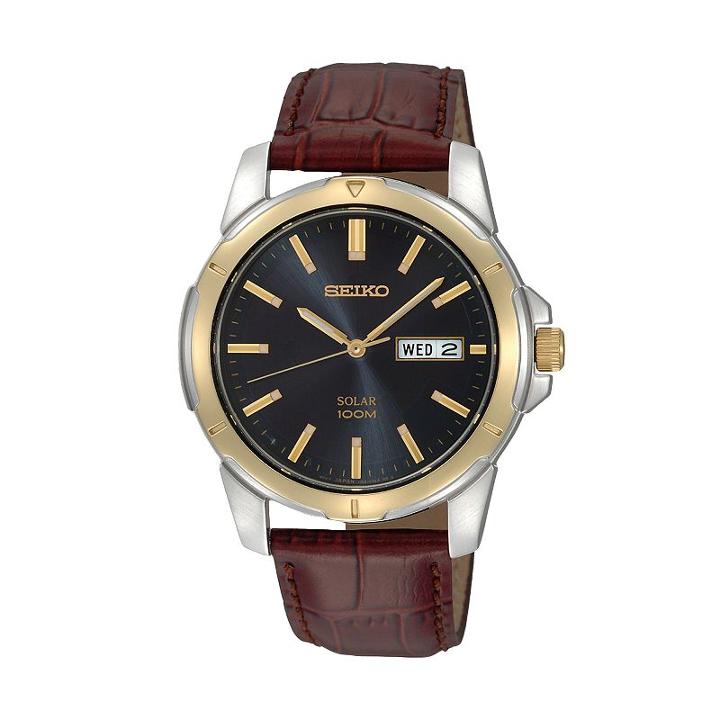 Seiko Men's Two Tone Stainless Steel Leather Solar Watch - Sne102, Size: Large, Brown