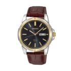 Seiko Men's Two Tone Stainless Steel Leather Solar Watch - Sne102, Size: Large, Brown