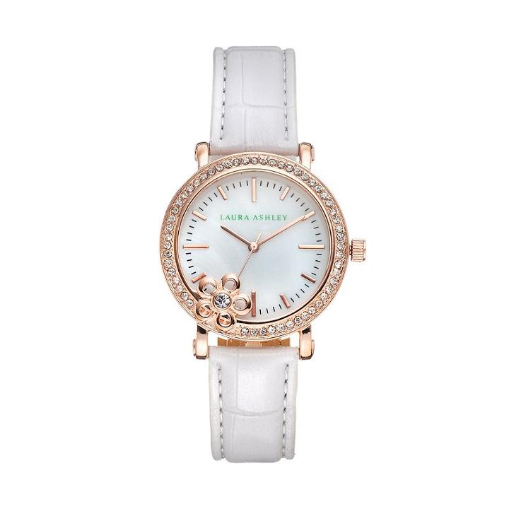 Laura Ashley Women's Crystal Leather Watch, White