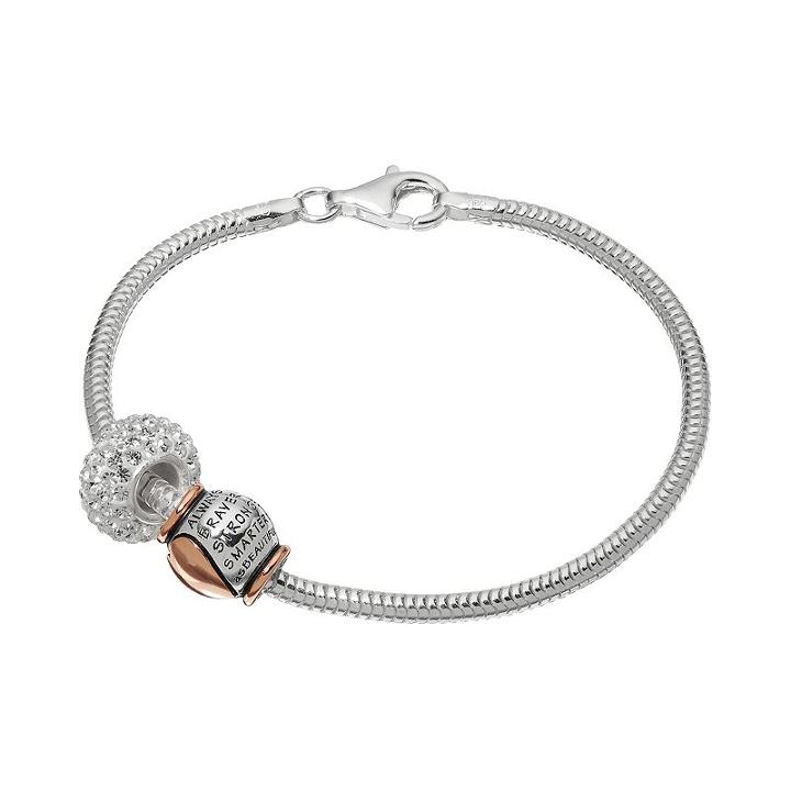 Individuality Beads Crystal Sterling Silver & 14k Rose Gold Over Silver Snake Chain Bracelet & Braver Stronger Smarter Heart Bead Set, Women's, Multicolor