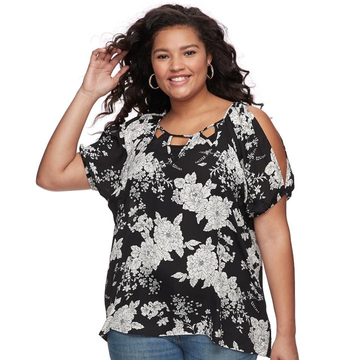 Juniors' Plus Size Liberty Love Cutout Floral Cold-shoulder Top, Teens, Size: 1xl, White