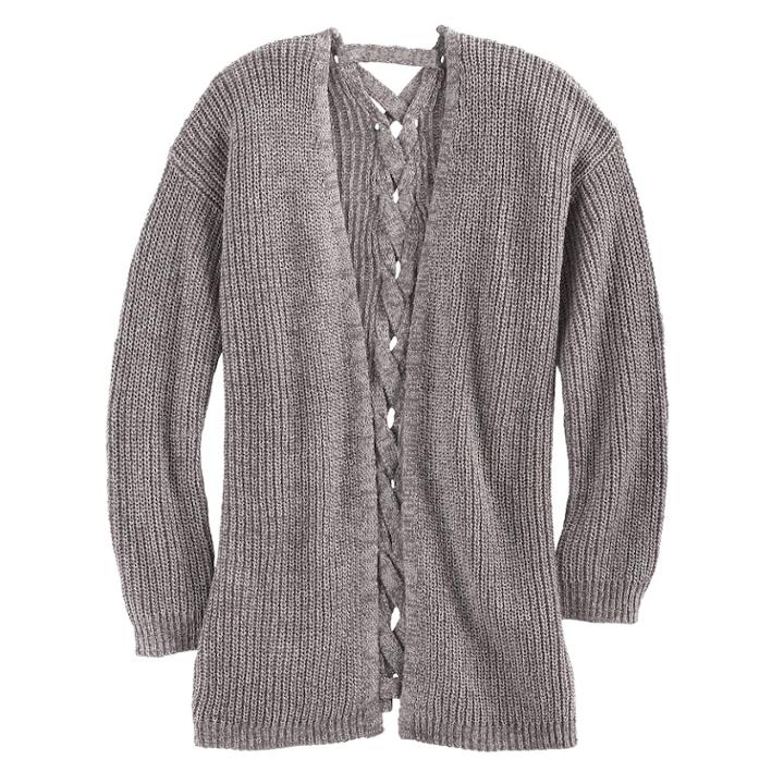 Girls Plus Size Cloud Chaser Lace-up Back Cardigan Sweater, Size: M Plus, Grey