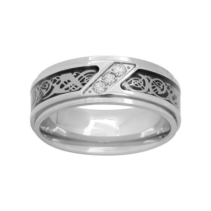 1/10 Carat T.w. Diamond Stainless Steel & Carbon Fiber Celtic Dragon Band - Men, Size: 13.50, White