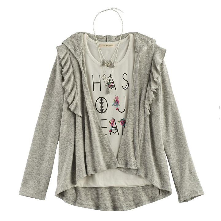 Girls 7-16 Self Esteem Ruffled Cardigan & Foil Graphic Tank Top With Necklace, Size: Medium, Grey