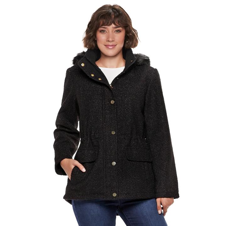 Women's D.e.t.a.i.l.s Faux-fur Hooded Anorak Jacket, Size: Large, Black