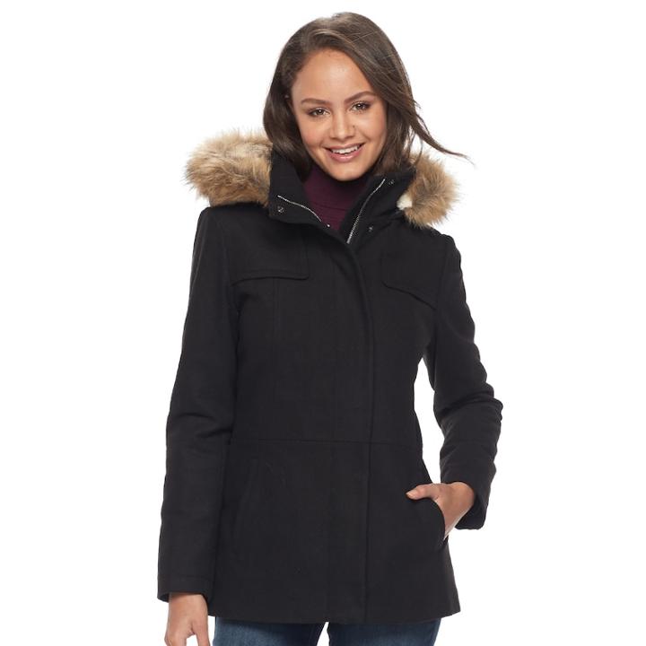 Juniors' Pink Envelope Faux-fur Hood Anorak Jacket, Teens, Size: Small, Black