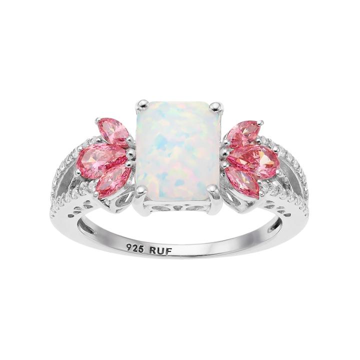 Sterling Silver Simulated Opal & Pink Cubic Zirconia Ring, Women's, Size: 6, White