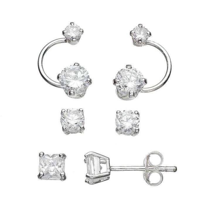 Sterling Silver Cubic Zirconia Stud & Drop Earring Set, Women's, White