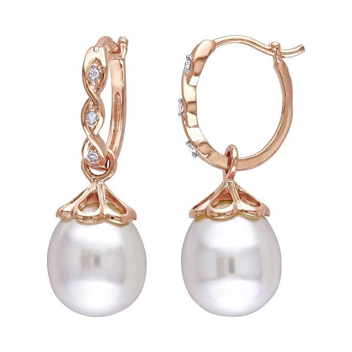 10k Rose Gold Freshwater Cultured Pearl And Diamond Accent Drop Earrings, Women's, White