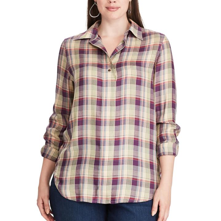 Plus Size Chaps Plaid Twill Long Sleeve Shirt, Women's, Size: 1xl, Green