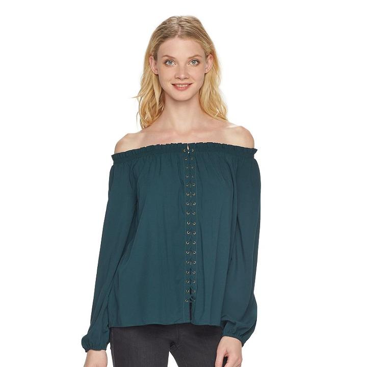 Women's Rock & Republic&reg; Off-the-shoulder Lace Up Top, Size: Medium, Green