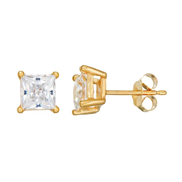 Cubic Zirconia 24k Gold Over Silver-plated Solitaire Stud Earrings, Women's, White