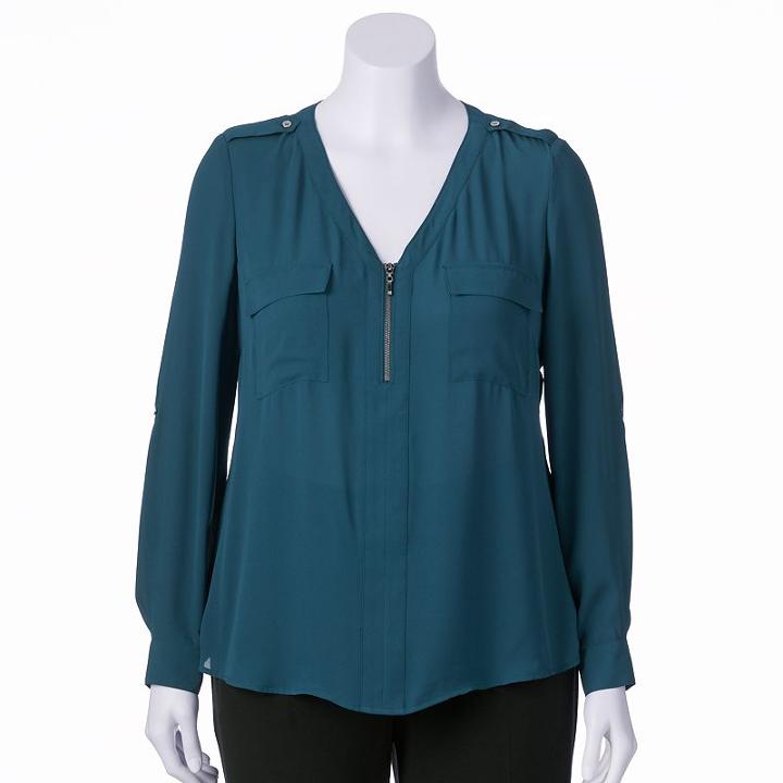 Juniors' Plus Size Candie's&reg; Zip-neck Roll-tab Top, Girl's, Size: 2xl, Blue Other