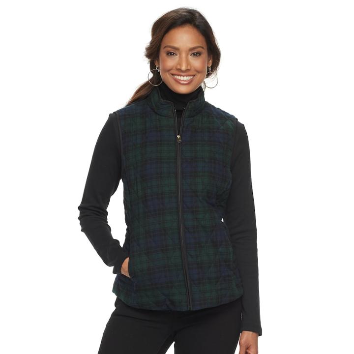 Women's Croft & Barrow&reg; Quilted Plaid Vest, Size: Large, Green