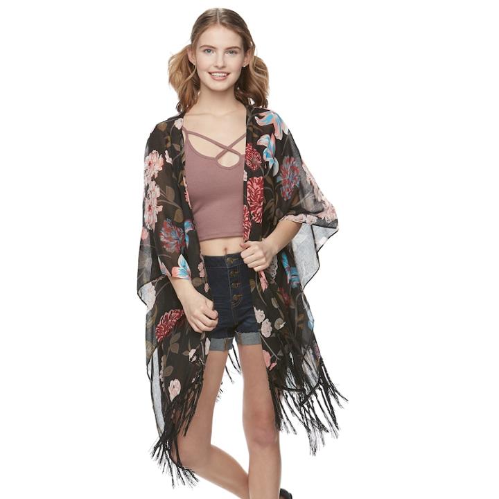 Women's Mudd&reg; Fringed Floral Kimono, Black