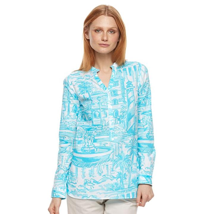 Women's Caribbean Joe Tropical Henley Tunic, Size: Small, Turquoise/blue (turq/aqua)