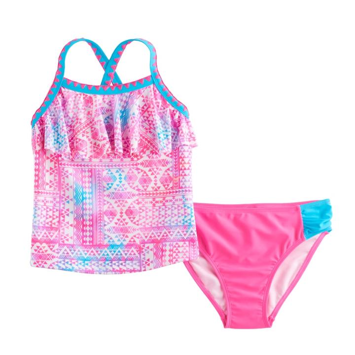 Girls 4-6x So&reg; Tie-dye Tribal Print Tankini Top & Bottoms Swimsuit Set, Size: 5-6, Pink