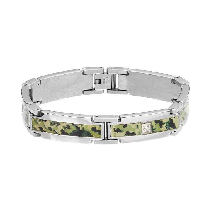 Diamond Accent Stainless Steel Camouflage Bracelet - Men, Size: 8.5, White