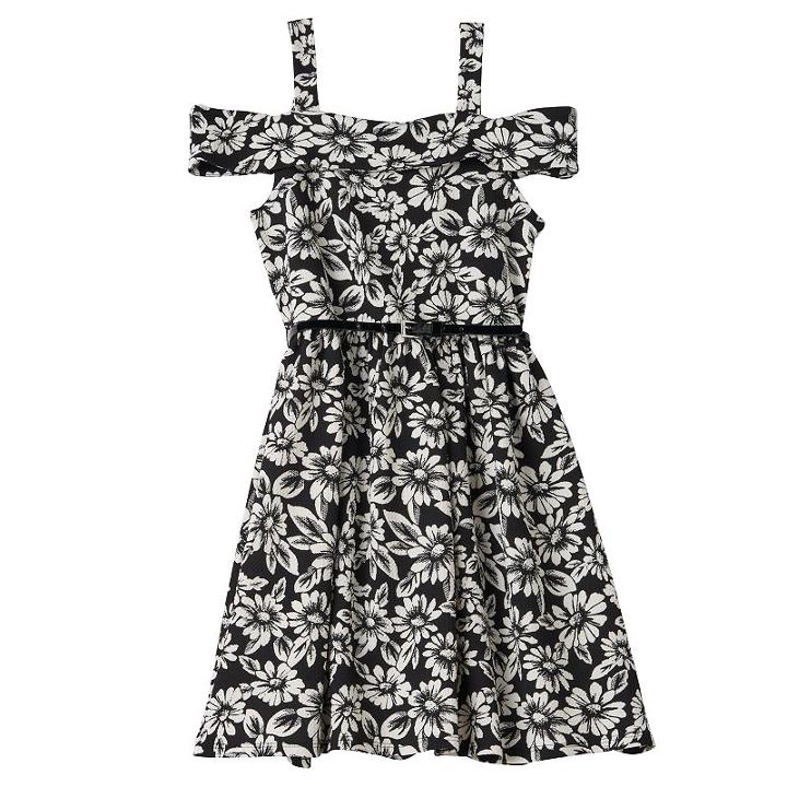 Girls 7-16 Knitworks Belted Cold-shoulder Floral Marilyn Dress, Girl's, Size: 7, Black