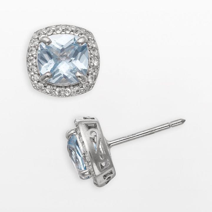 Sterling Silver Lab-created Aquamarine And Lab-created White Sapphire Halo Stud Earrings, Women's, Blue