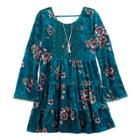 Girls 7-16 Knitworks Floral Crushed Velvet Tiered Dress & Necklace Set, Size: 7, Med Green