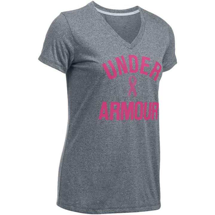 Women's Under Armour Power In Pink Wordmark Tech V-twist Tee, Size: Small, Grey (charcoal)