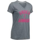 Women's Under Armour Power In Pink Wordmark Tech V-twist Tee, Size: Small, Grey (charcoal)