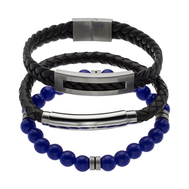 1913 Men's 3-pc. Black Leather & Lab-created Lapis Lazuli Bracelet Set, Size: 8.5, Blue